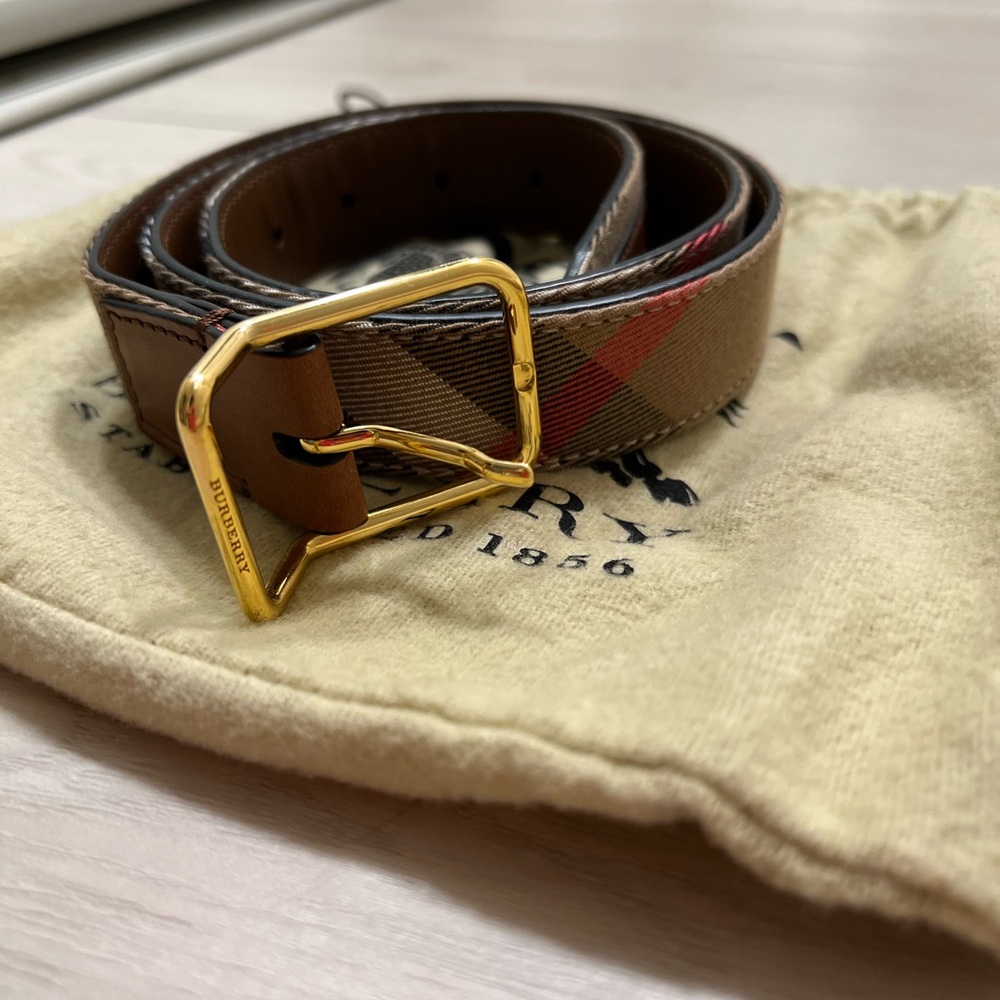 Burberry Tan Belt with Leather Trim and Signature Check